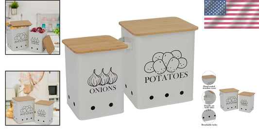 Elegant Vegetable Storage Tins Set of 2 with Wooden Lids for Fresh Produce