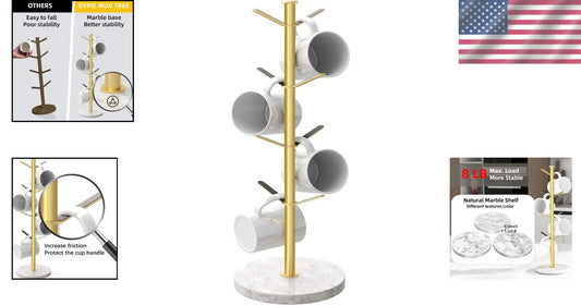 Elegant Gold Mug Holder Tree with Marble Base - 8 Hooks for Stylish Kitchens
