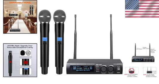 Dual UHF Metal Wireless Microphone System - 150-200Ft Range, 16 Hours Life