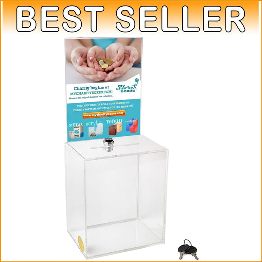 Clear Donation Box with Lock and Display Holder - Extra Large 16" x 8" x 6"