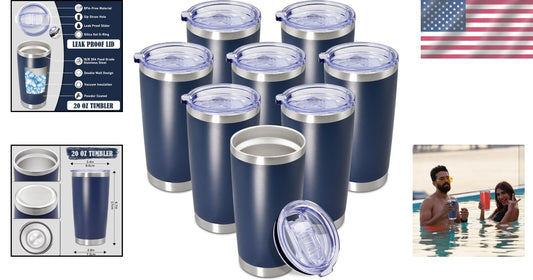 Insulated 20 oz Coffee Travel Mugs - Navy Powder Coated 8-Pack for All Occasions