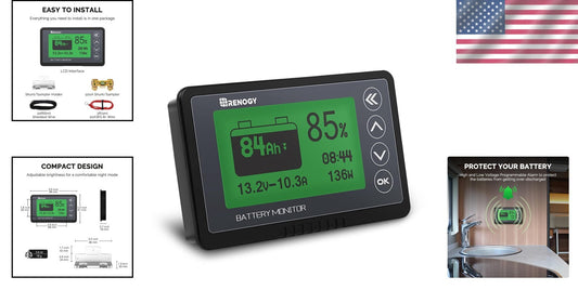 Compact Battery Monitor with Shunt, 20ft Cable - Ideal for Lithium & Lead Acid