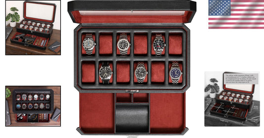 Stylish Black/Red Watch Storage Box with Key Lock & 12 Slots for Men & Women
