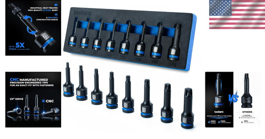 Impact-Resistant Torx Bit Socket Set - 8 Pieces T30-T70 with High Strength Steel