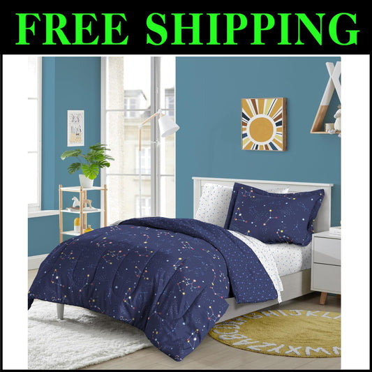 Navy Blue Zodiac Twin Bedding Set - 5-Piece Microfiber Comforter & Sheets