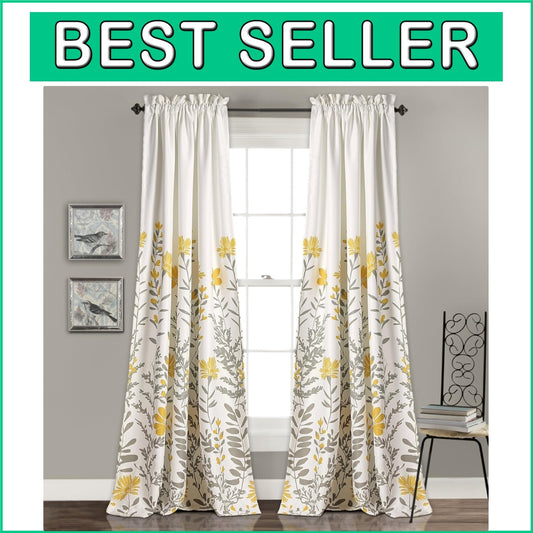 Elegant Yellow Floral Rod Pocket Curtains, Set of 2, 52"W x 84"L for Living Room