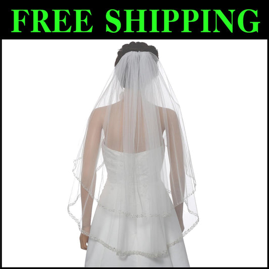 Luxurious 2T Dual Edge Embroidered Veil with Silver Thread Trim - Bridal Beauty