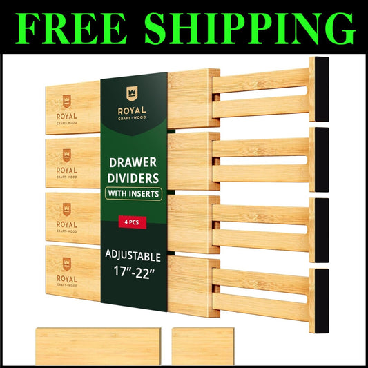 Natural Bamboo Drawer Dividers Set with EVA Foam Padding - 4 Adjustable Inserts