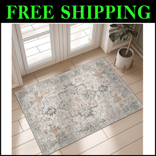 Retro Floral 2x3 ft Area Rug - Machine Washable, Non-Slip Doormat in Taupe