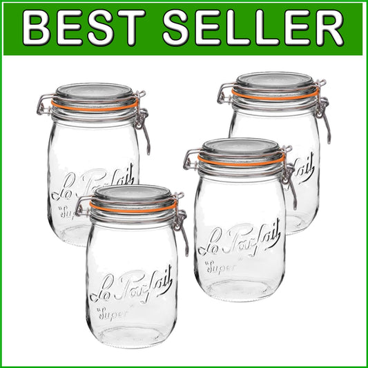 32oz Wide Mouth Glass Jars - Durable Airtight Storage + Dishwasher Safe, 4 Pack