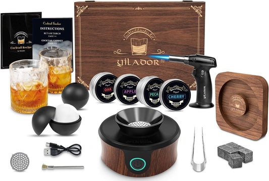 Premium Whiskeys Smoker Kit with Salt Rimmer in Elegant Wooden Box – Ideal Gift