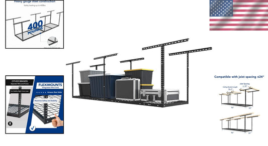 Adjustable Overhead Garage Storage Rack - Metal, 400lbs Capacity, Easy Install