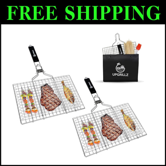 Rustproof Stainless Steel Fish Grilling Basket with Skewers & Basting Brush Pack