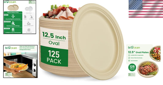 Eco-Friendly 12.5-Inch Compostable Oval Plates - 125 Pack for Sustainable Living