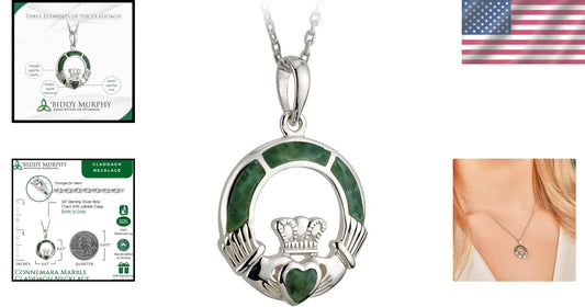 Artisan Irish Claddagh Pendant with Connemara Marble - Elegant Celtic Jewelry
