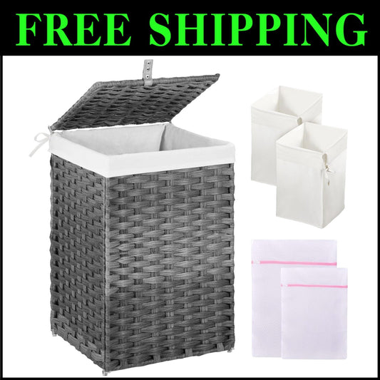 Elegant 60L Handwoven Rattan Laundry Hamper with Dual Liner Bags & Mesh Bags