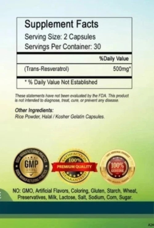 Trans Resveratrol 500mg Caps – Premium Pack – Ships Free USA