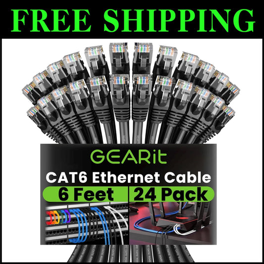 Reliable Cat 6 Ethernet Cable 24-Pack - 6 Feet with Gold-Plated RJ45 Connectors