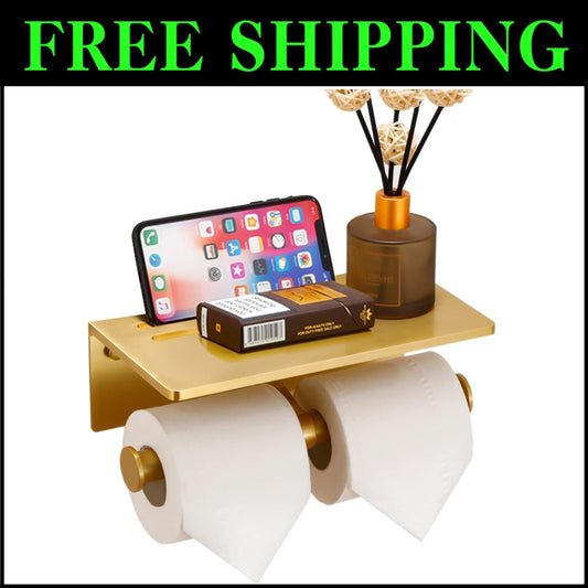 Elegant Wall-Mounted Double Roll Toilet Paper Holder with Shelf - Quick Install