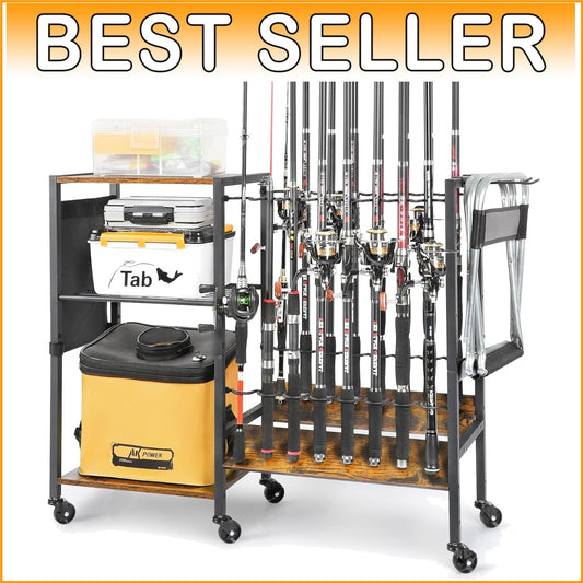 Professional Fishing Gear Storage on Wheels - 16 Rod Holder with Rubber Support