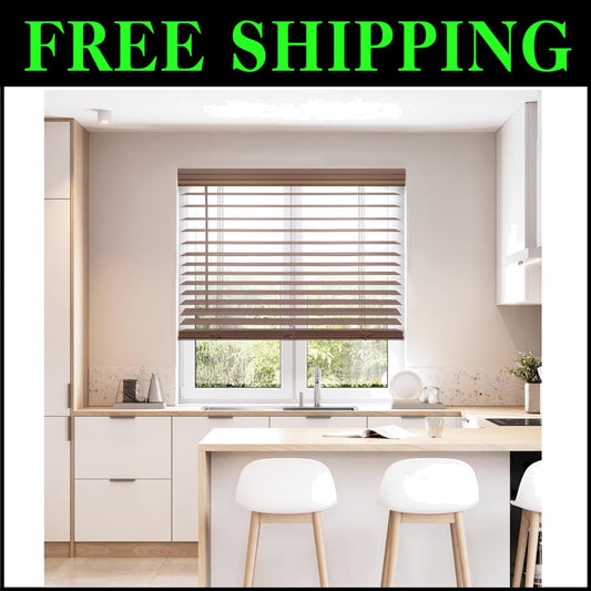 Cordless Dark Oak Faux Wood Blinds, 33.75" W x 72" H, Stylish Window Treatment
