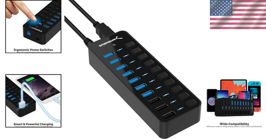 Advanced 10-Port USB 3.0 Hub - Features 3 Efficient Charging Ports & LED Status