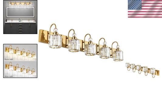 Elegantly Crafted 5-Light Brass Gold Vanity Wall Lighting with Crystal Shades