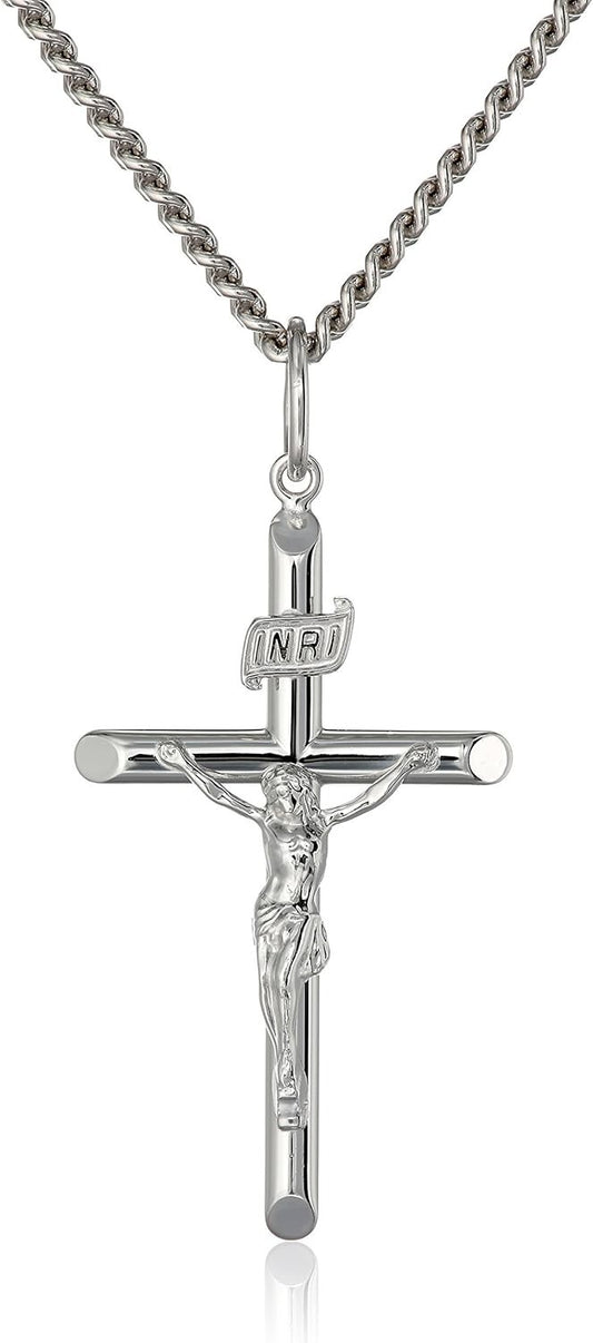 Elegant 24" Men's Cross Pendant Necklace in Sterling Silver and Steel - USA Made