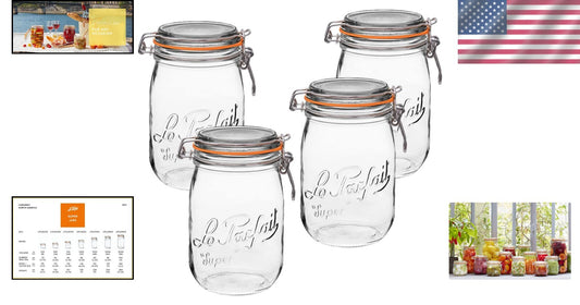 32oz Wide Mouth Glass Jars - Durable Airtight Storage + Dishwasher Safe, 4 Pack