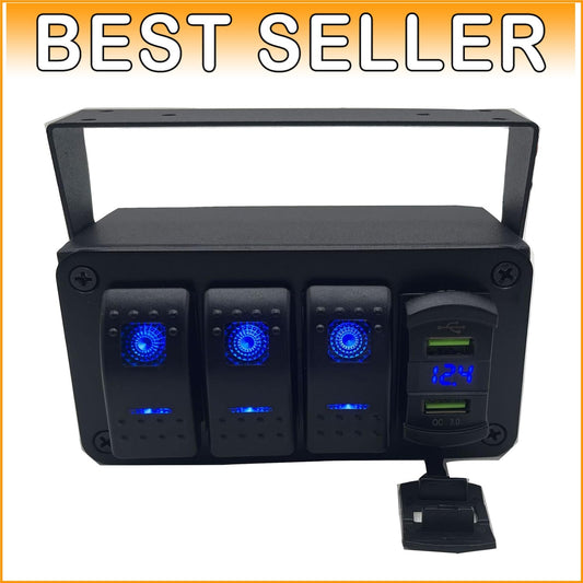 Aluminum Rocker Switch Panel with LED Voltmeter & Dual USB Charger for Boats