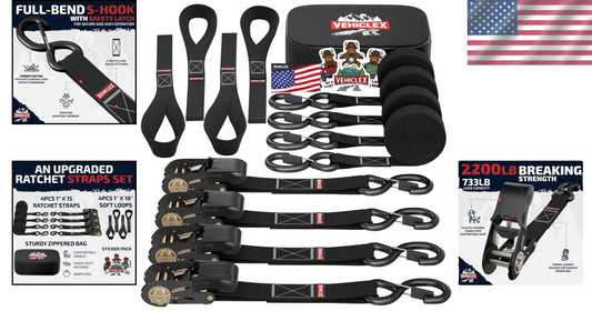 Durable 1" x 15' Ratchet Tie-Down Straps - 2200lbs Capacity for Safe Transport