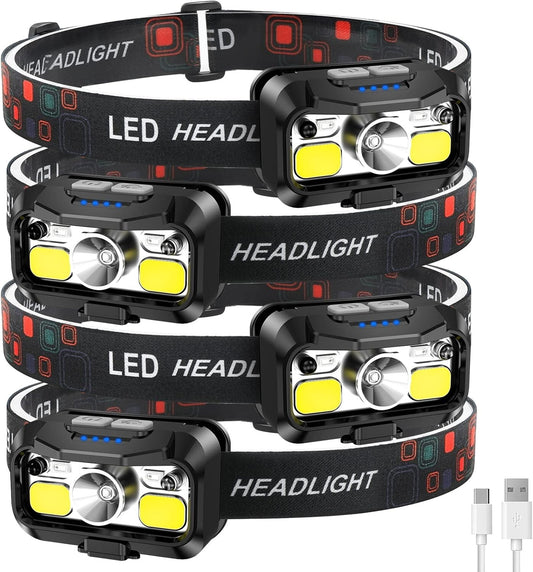 4-Pack Waterproof Rechargeable Headlamp - 8 Adjustable Modes for All Activities