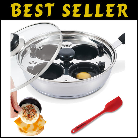 Deluxe Stainless Steel Egg Poacher with 4 Large Cups and Tempered Glass Lid