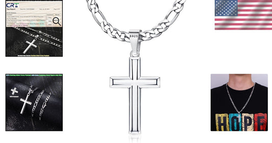 925 Sterling Silver Cross Necklace with Durable Figaro Chain - Gift Box Included
