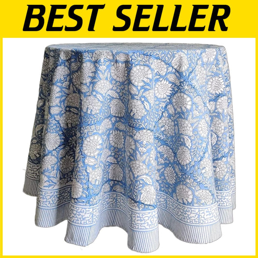 Elegant Azora Blue 100% Cotton Round Tablecloth - Machine Washable and Durable