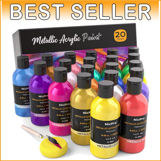 20 Color Metallic Acrylic Paint Set (8.45 Oz Each) - Non-Toxic, Quick-Dry Art...