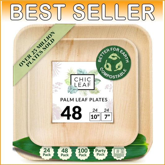 Eco-Friendly 48-Piece Set - Biodegradable 10" & 7" Square Palm Leaf Plates