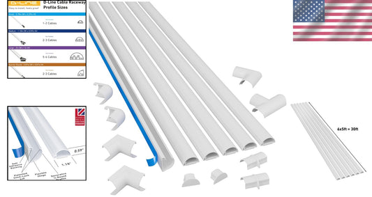 30ft Self-Adhesive Cable Raceway Kit - Discreet Half Round Hider with 10 Add-Ons