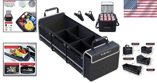 Durable Black Trunk Organizer with Adjustable Straps & Insulated Cooler Bag