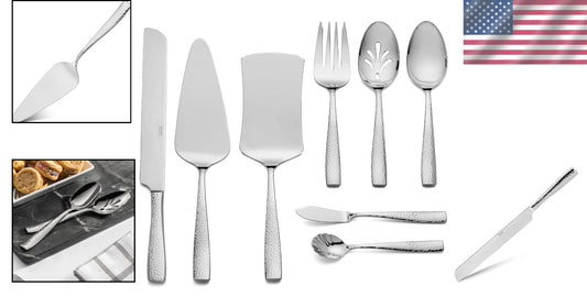 Elegant 8-Piece Hammered Stainless Steel Serving Utensil Set - Dishwasher Safe