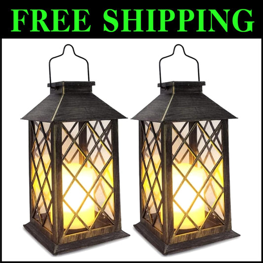 Durable Solar Lanterns with Auto On/Off – 2-Pack, 10 Lumen Flickering Light