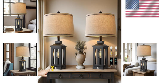 Elegant 23.75" Touch Control Black Table Lamps with Dual USB Ports - Set of 2