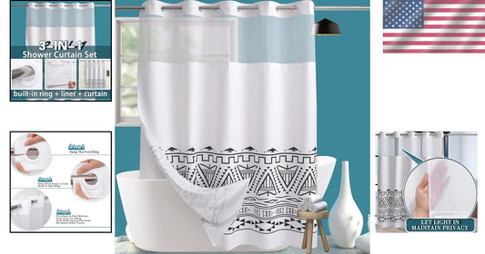 Boho Waffle Weave Shower Curtain with Snap-in Liner - Waterproof & Stylish 71x84