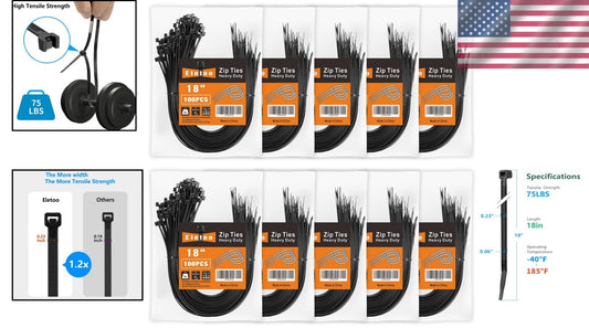 Durable 18 Inch Black Zip Ties - 1000 Pack With UV and Fireproof Properties