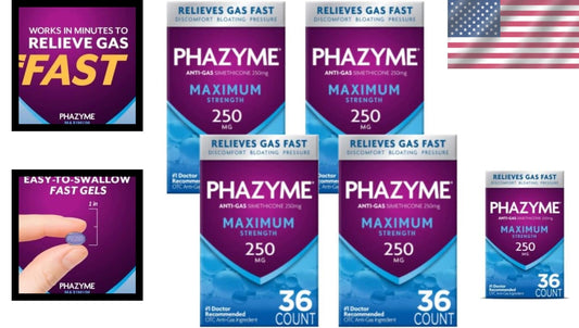 Fast-Acting Gas and Bloating Relief | 250 mg Simethicone - 36 GELS (Pack of 4)
