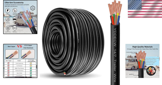 Durable 7 Conductor 14 Gauge Copper Wire - Color-Coded 100FT Automotive Cable