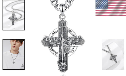 925 Sterling Silver St. Michael Cross Pendant with Cuban Chain - Spiritual Gift