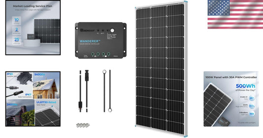 High Efficiency 100W Monocrystalline Solar Kit with Charge Controller & Brackets