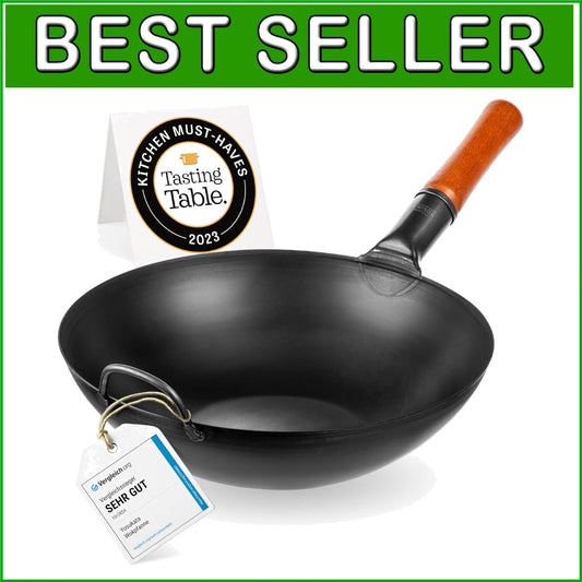 Authentic Carbon Steel Wok - 13.5” Stir Fry Pan for All Stovetops & Outdoor BBQ