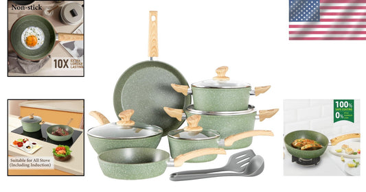 Complete 12-Piece Green Cooking Set - Granite Nonstick Pots & Pans Included